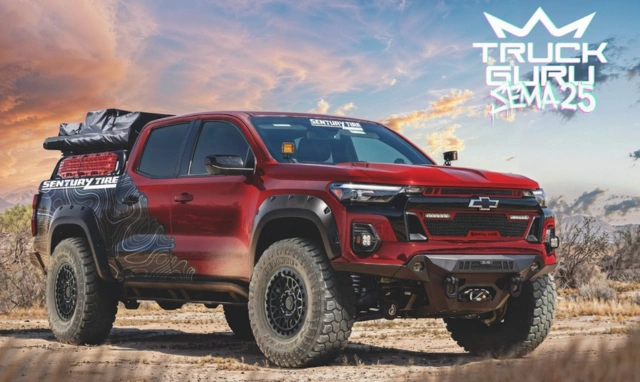 Red Chevy Colorado truck design mockup for Sema by Klearwerkz in San Antonio